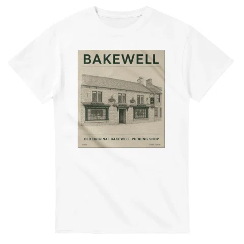 Fine-line engraving-style drawing for Bakewell, with a landmark caption and small coordinate text.
