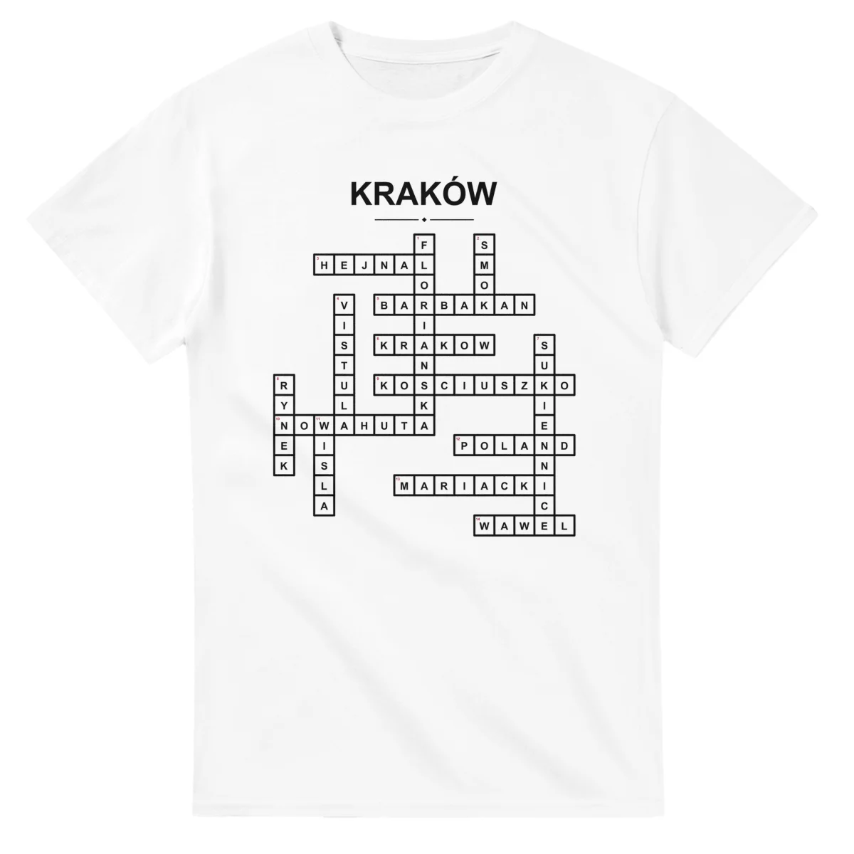 Monochrome crossword sheet for Kraków, with a large place-name heading, a letter grid, and numbered across and down clues.