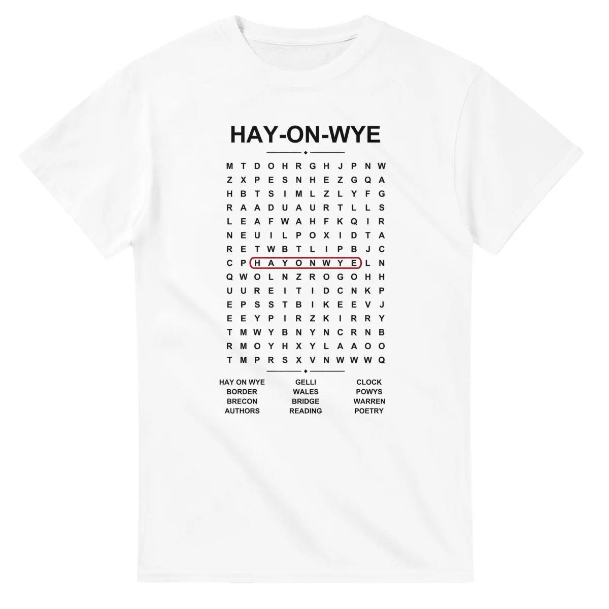 Word-search sheet for Hay-on-Wye, with a large place-name heading, a letter grid, a local answer list, and a red highlighted example word.