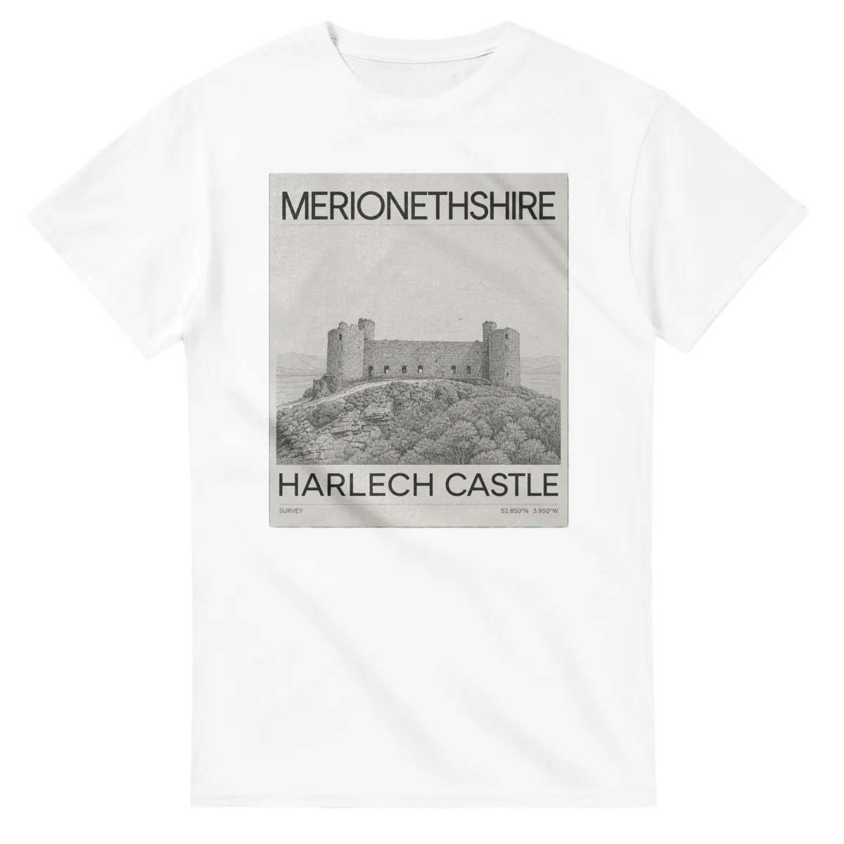 Fine-line engraving-style drawing for Merionethshire, with a landmark caption and small coordinate text.