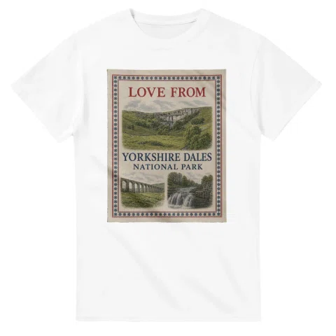 Framed scenic design for Yorkshire Dales National Park, with several local views, a decorative border and LOVE FROM lettering.