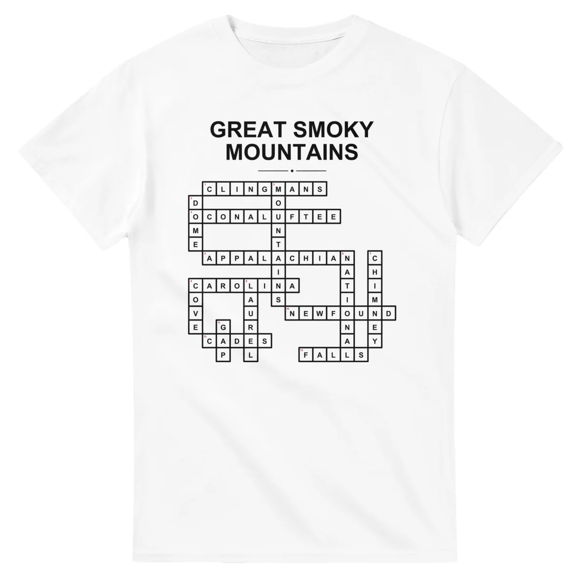 Monochrome crossword sheet for Great Smoky Mountains, with a large place-name heading, a letter grid, and numbered across and down clues.