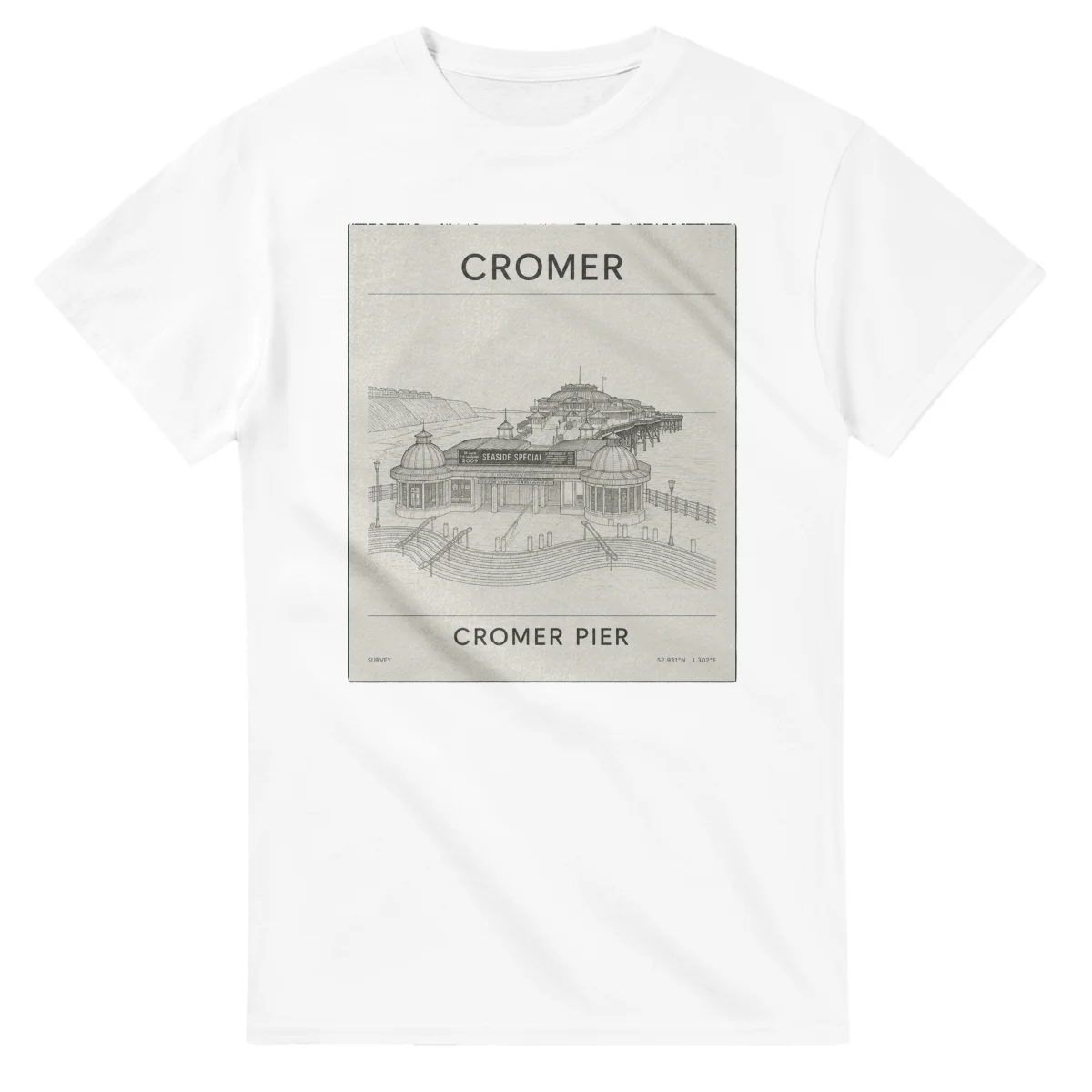 Fine-line engraving-style drawing for Cromer, with a landmark caption and small coordinate text.