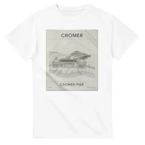 Fine-line engraving-style drawing for Cromer, with a landmark caption and small coordinate text.