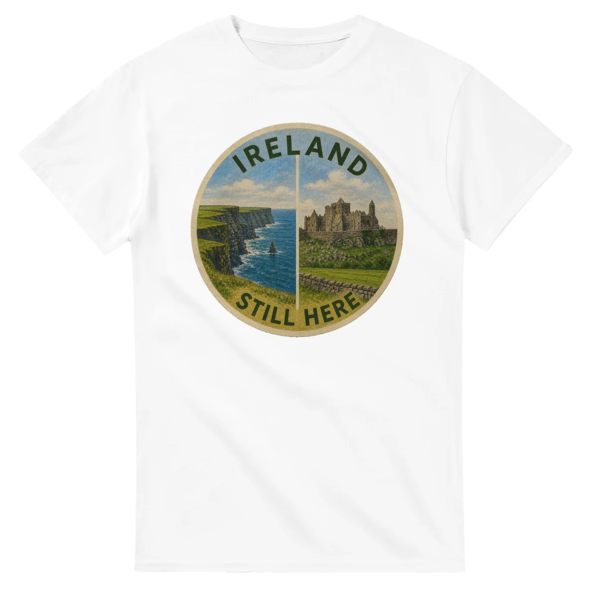Painted, panelled scenic illustration for Ireland, with paired local scenes and the place name in lettering.