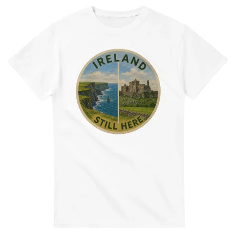 Painted, panelled scenic illustration for Ireland, with paired local scenes and the place name in lettering.