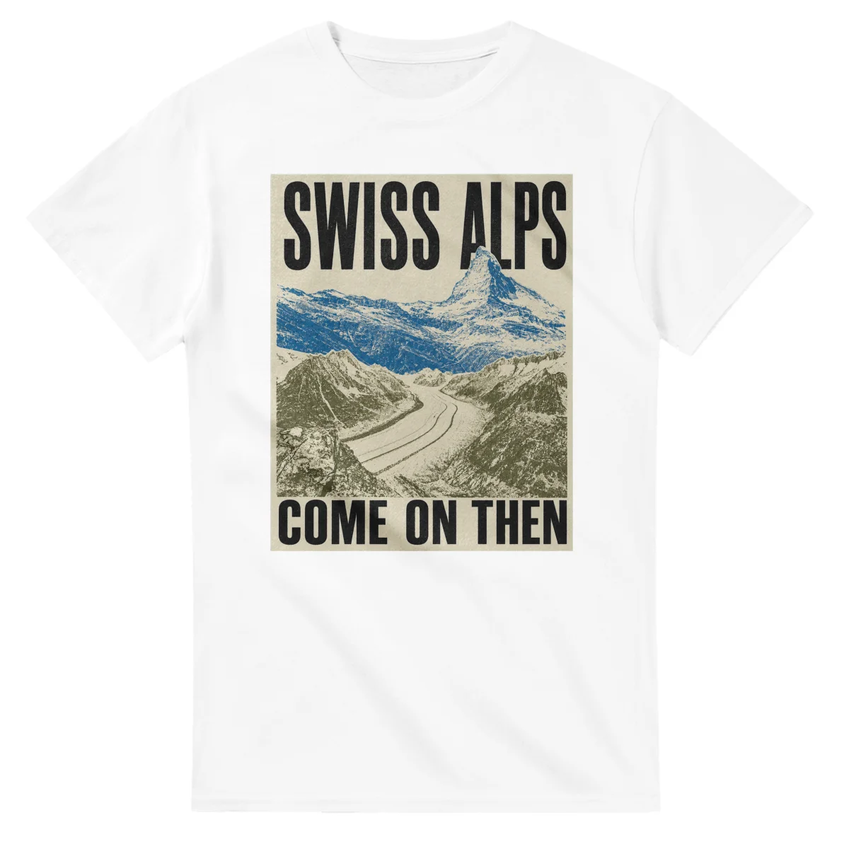 Two-colour scenic illustration for Swiss Alps, with the place name and COME ON THEN lettering.