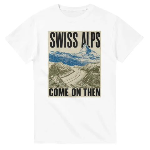 Two-colour scenic illustration for Swiss Alps, with the place name and COME ON THEN lettering.