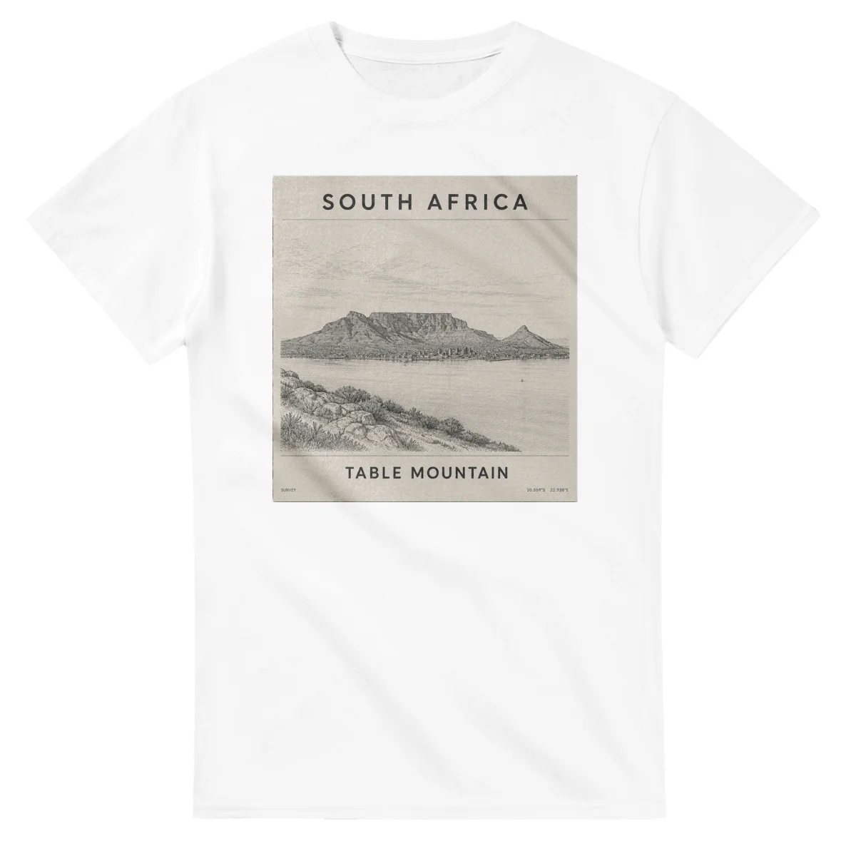 Fine-line engraving-style drawing for South Africa, with a landmark caption and small coordinate text.