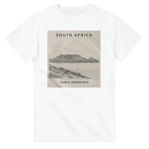 Fine-line engraving-style drawing for South Africa, with a landmark caption and small coordinate text.
