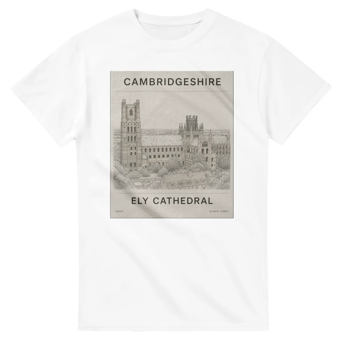 Fine-line engraving-style drawing for Cambridgeshire, with a landmark caption and small coordinate text.