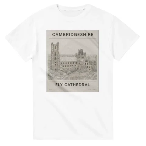 Fine-line engraving-style drawing for Cambridgeshire, with a landmark caption and small coordinate text.