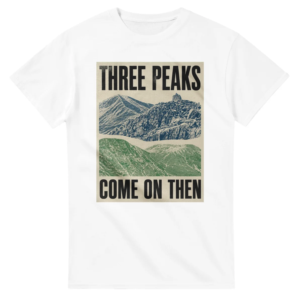 Two-colour scenic illustration for Three Peaks, with the place name and COME ON THEN lettering.