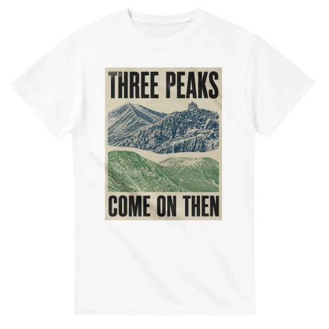 Two-colour scenic illustration for Three Peaks, with the place name and COME ON THEN lettering.