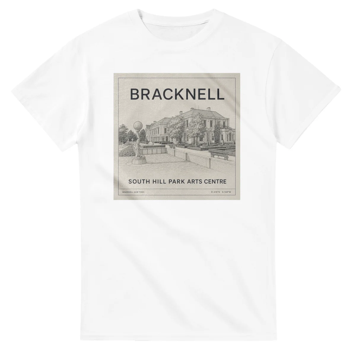 Fine-line engraving-style drawing for Bracknell, with a landmark caption and small coordinate text.