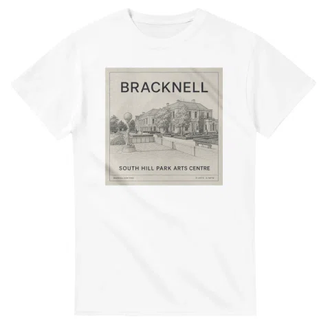 Fine-line engraving-style drawing for Bracknell, with a landmark caption and small coordinate text.