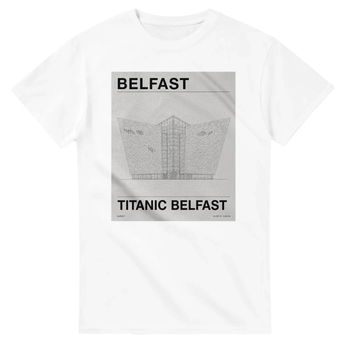 Fine-line engraving-style drawing for Belfast, with a landmark caption and small coordinate text.
