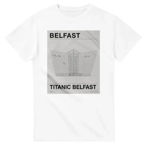 Fine-line engraving-style drawing for Belfast, with a landmark caption and small coordinate text.