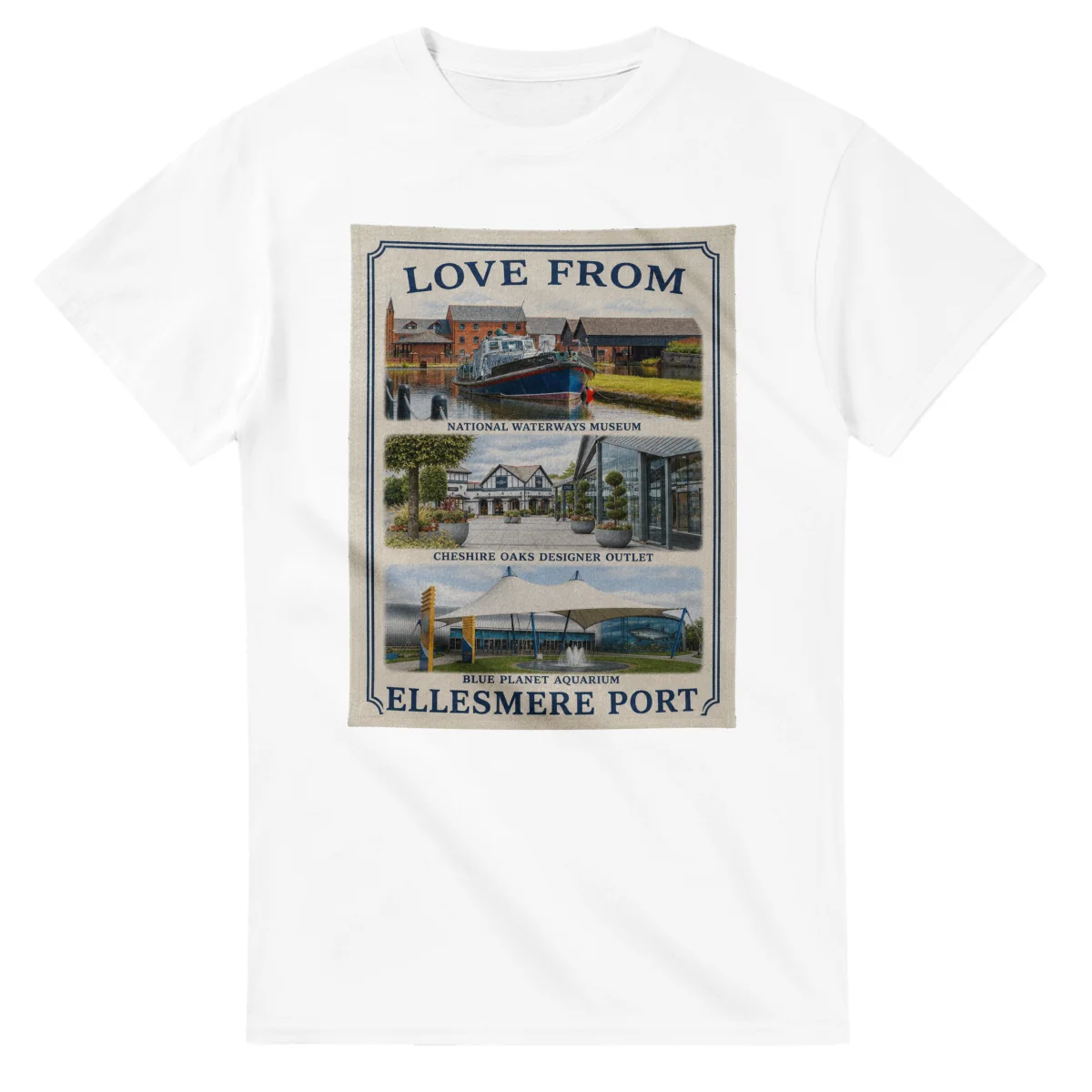 Framed scenic design for Ellesmere Port, with several local views, a decorative border and LOVE FROM lettering.