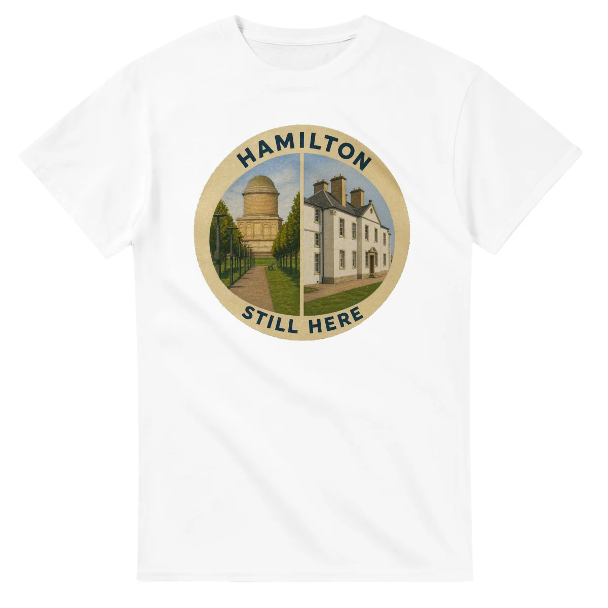 Painted, panelled scenic illustration for Hamilton, with paired local scenes and the place name in lettering.