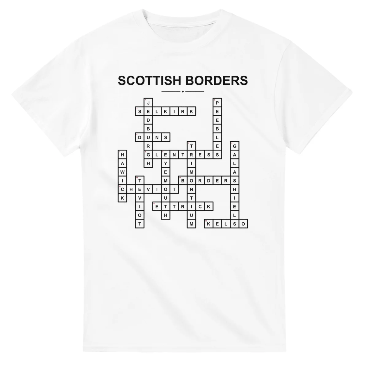 Monochrome crossword sheet for Scottish Borders, with a large place-name heading, a letter grid, and numbered across and down clues.