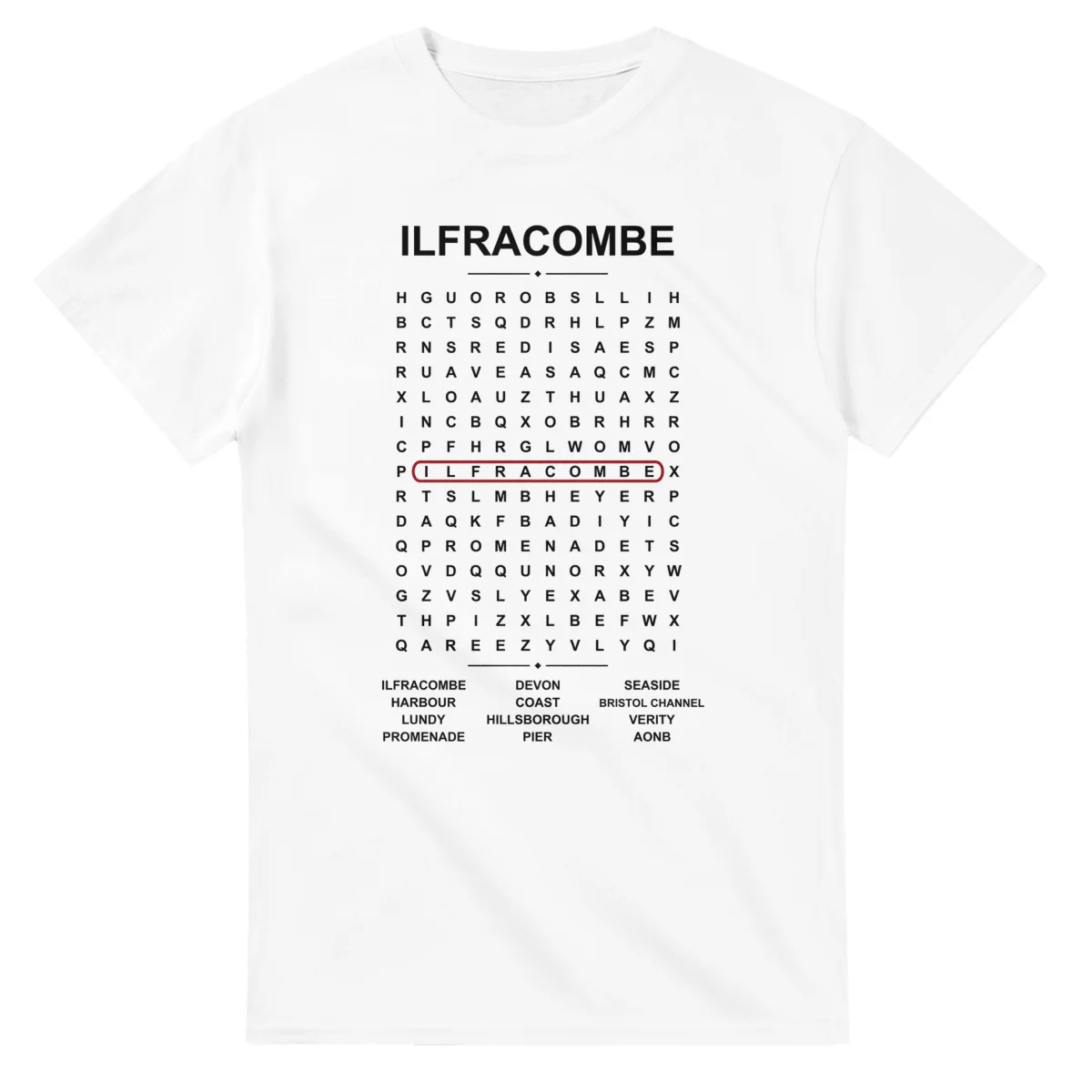 Word-search sheet for Ilfracombe, with a large place-name heading, a letter grid, a local answer list, and a red highlighted example word.