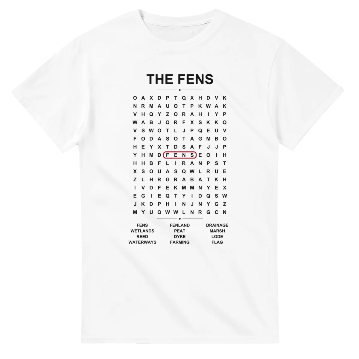 Word-search sheet for The Fens, with a large place-name heading, a letter grid, a local answer list, and a red highlighted example word.