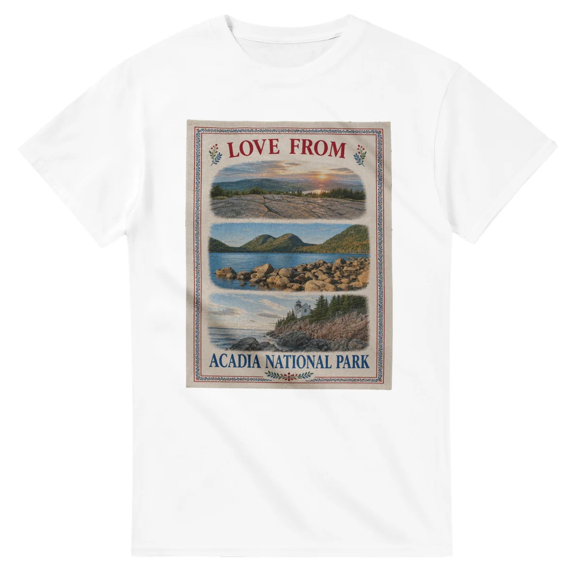 Framed scenic design for Acadia National Park, with several local views, a decorative border and LOVE FROM lettering.