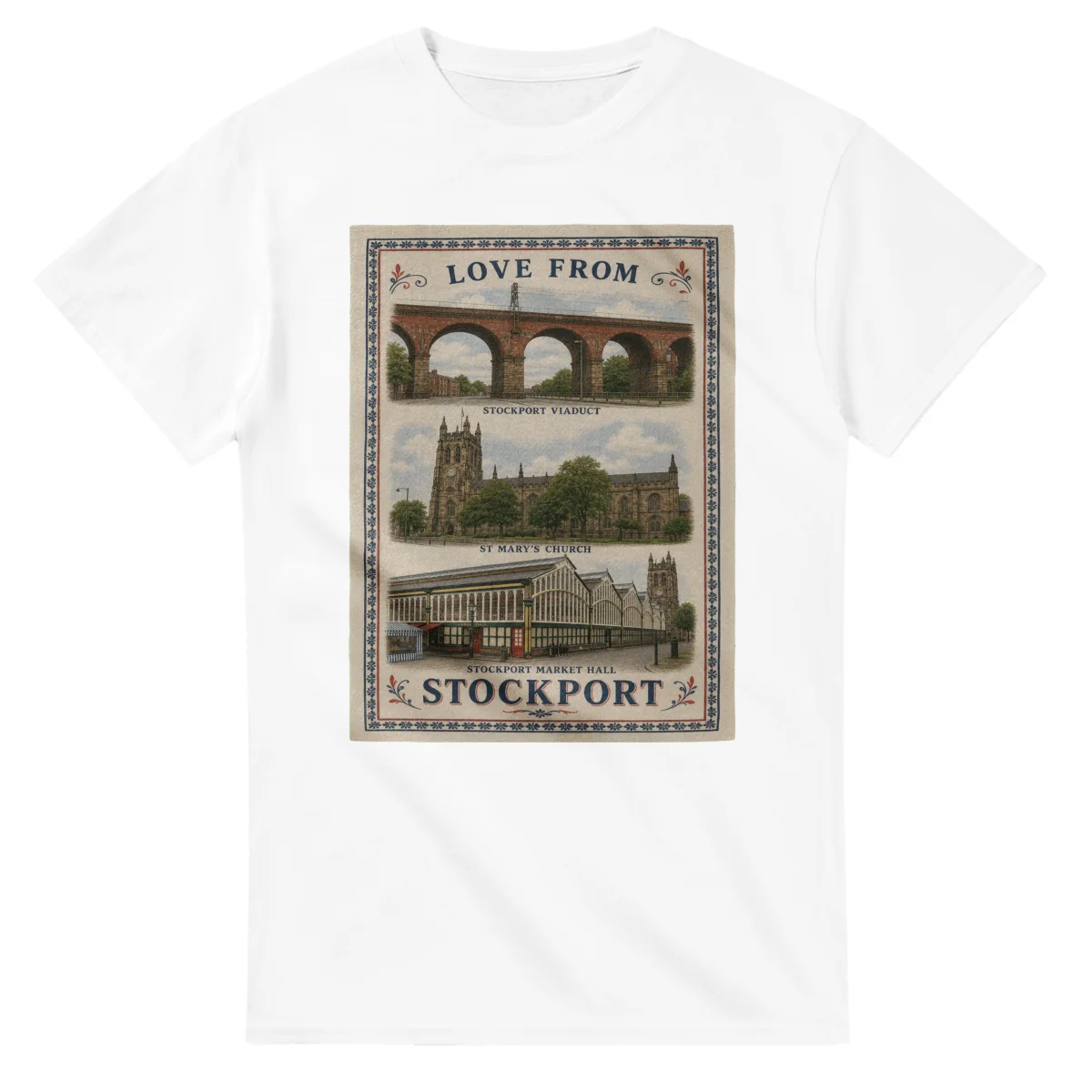 Framed scenic design for Stockport, with several local views, a decorative border and LOVE FROM lettering.