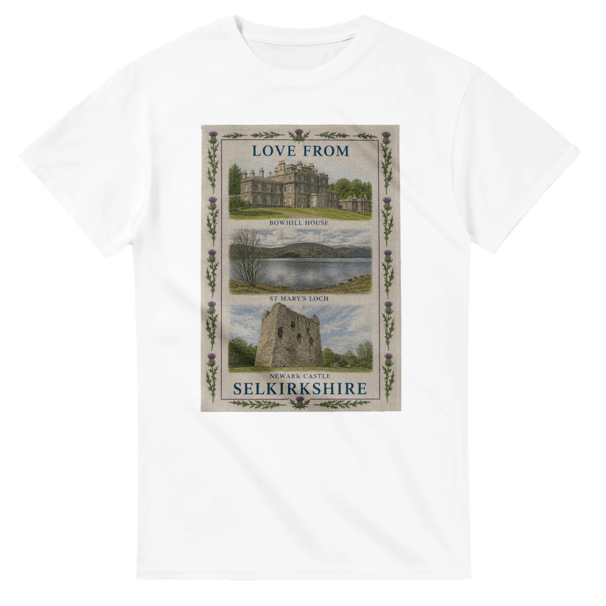 Framed scenic design for Selkirkshire, with several local views, a decorative border and LOVE FROM lettering.