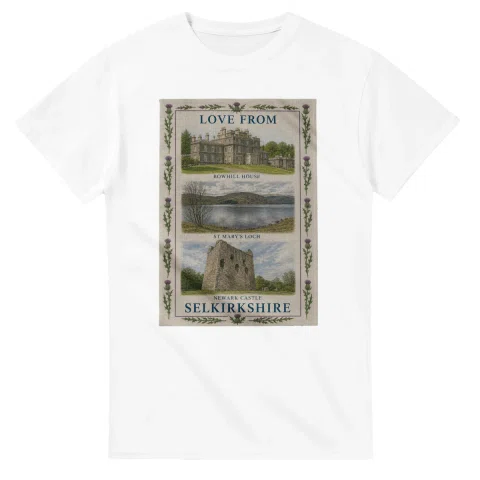 Framed scenic design for Selkirkshire, with several local views, a decorative border and LOVE FROM lettering.