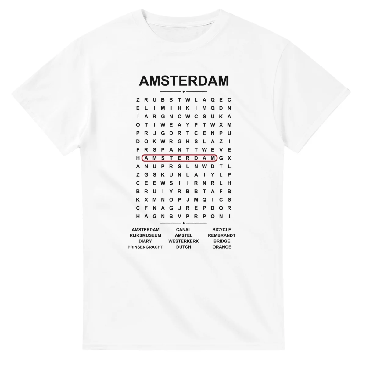 Word-search sheet for Amsterdam, with a large place-name heading, a letter grid, a local answer list, and a red highlighted example word.