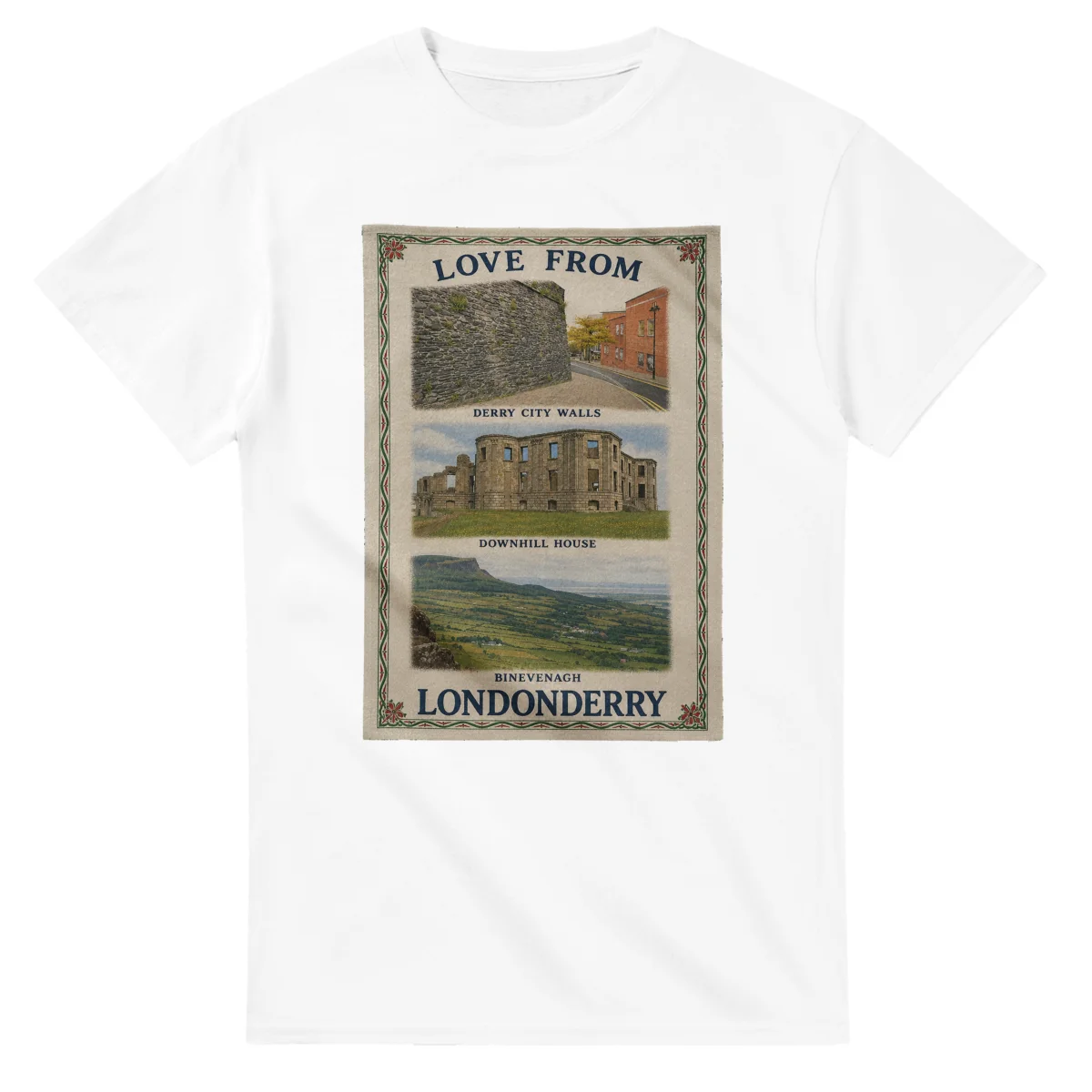 Framed scenic design for Londonderry, with several local views, a decorative border and LOVE FROM lettering.