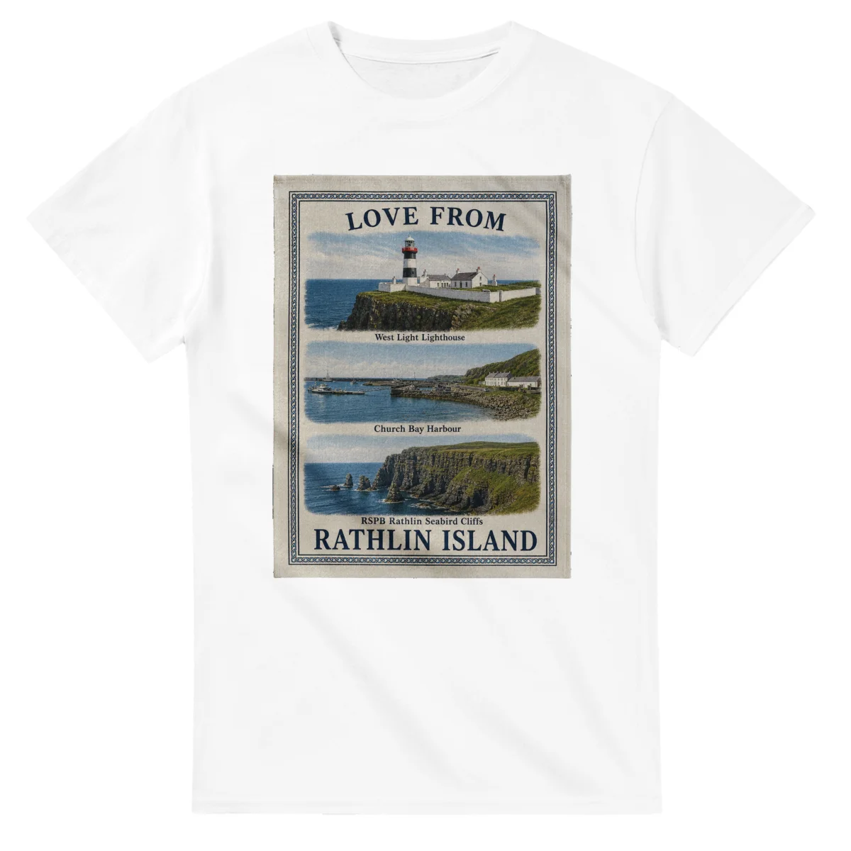 Framed scenic design for Rathlin Island, with several local views, a decorative border and LOVE FROM lettering.