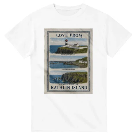 Framed scenic design for Rathlin Island, with several local views, a decorative border and LOVE FROM lettering.