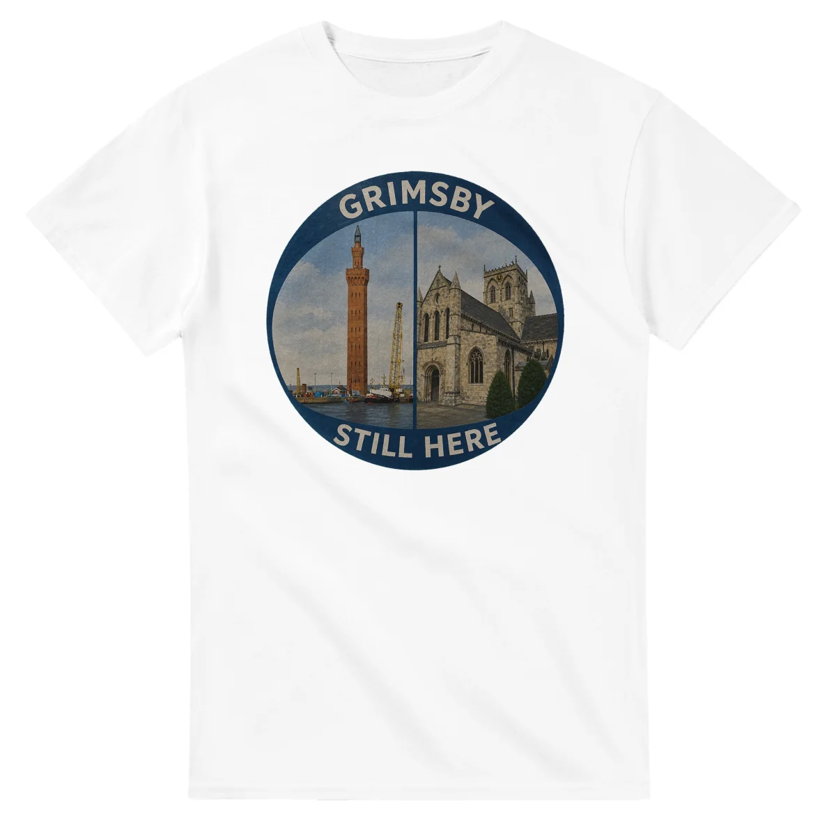 Painted, panelled scenic illustration for Grimsby, with paired local scenes and the place name in lettering.