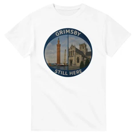 Painted, panelled scenic illustration for Grimsby, with paired local scenes and the place name in lettering.