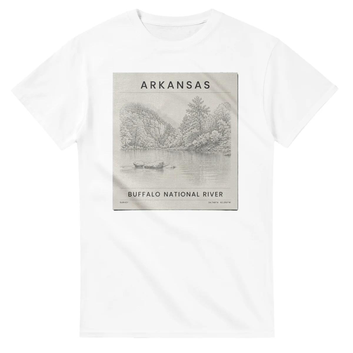 Fine-line engraving-style drawing for Arkansas, with a landmark caption and small coordinate text.