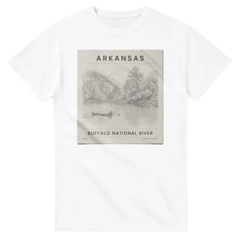 Fine-line engraving-style drawing for Arkansas, with a landmark caption and small coordinate text.