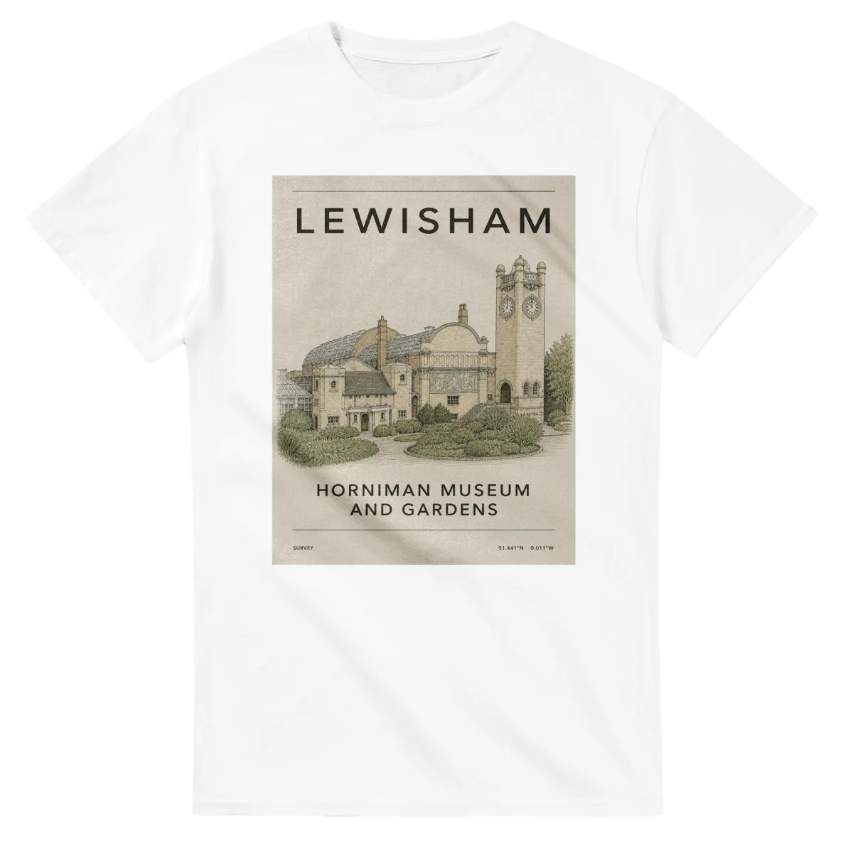 Fine-line engraving-style drawing for London Borough of Lewisham, with a landmark caption and small coordinate text.