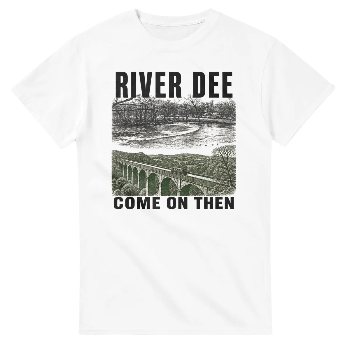 Two-colour scenic illustration for River Dee, with the place name and COME ON THEN lettering.