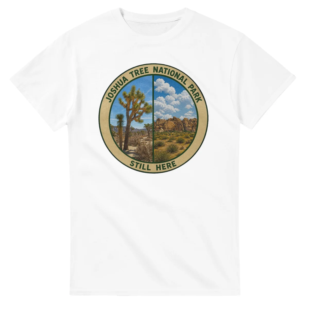 Painted, panelled scenic illustration for Joshua Tree National Park, with paired local scenes and the place name in lettering.