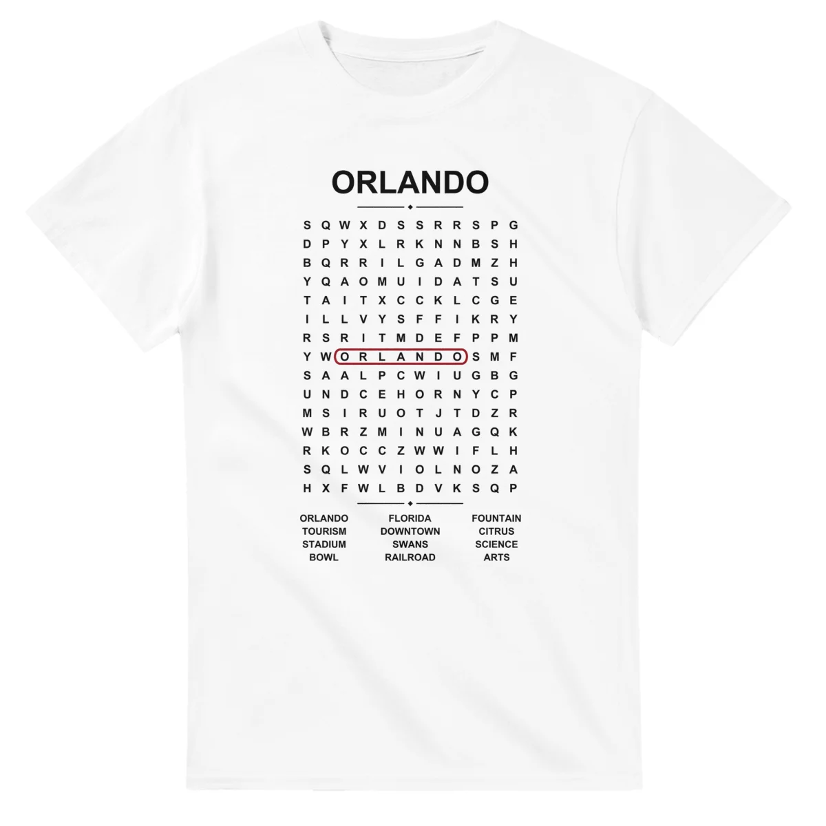 Word-search sheet for Orlando, with a large place-name heading, a letter grid, a local answer list, and a red highlighted example word.