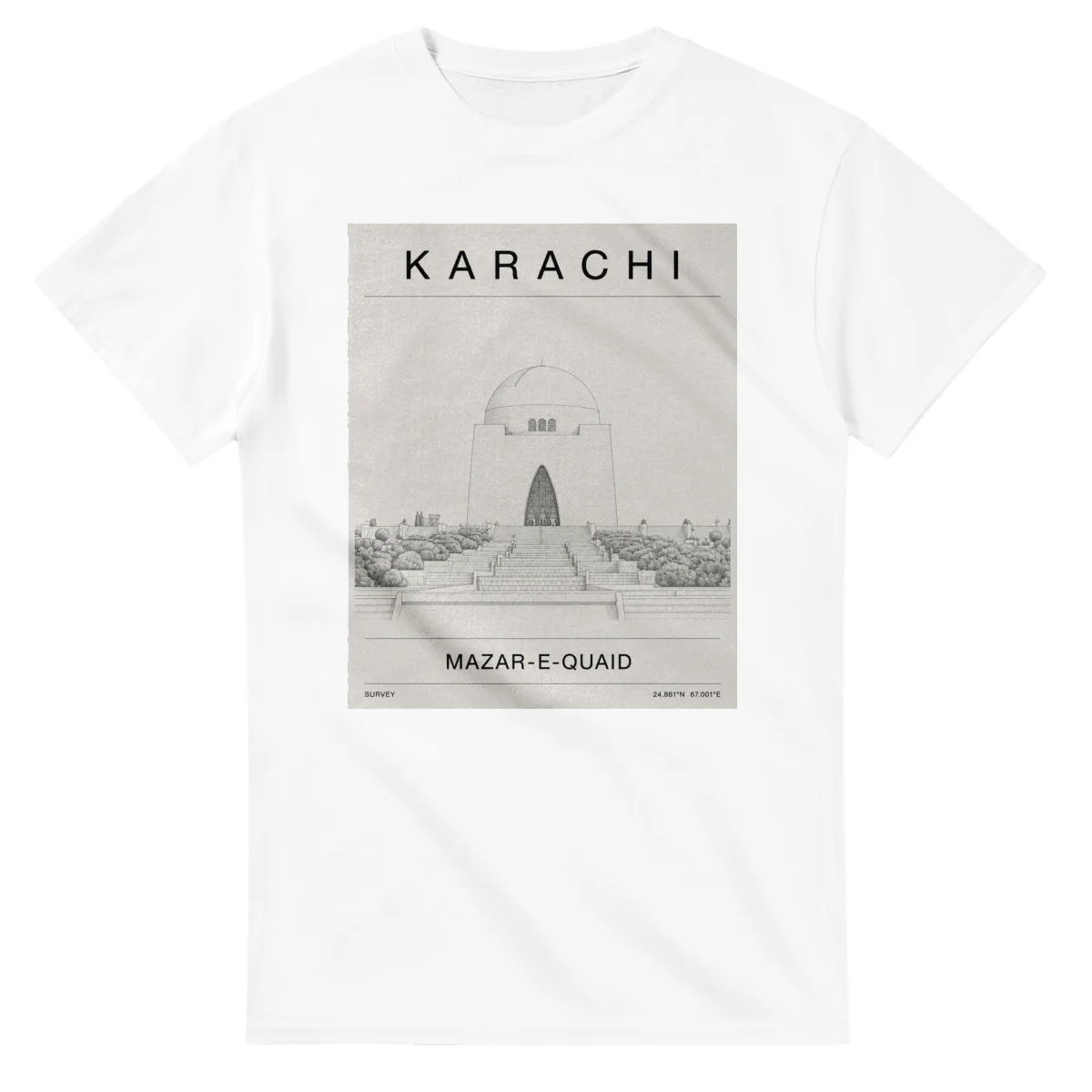 Fine-line engraving-style drawing for Karachi, with a landmark caption and small coordinate text.