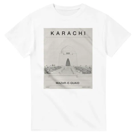 Fine-line engraving-style drawing for Karachi, with a landmark caption and small coordinate text.