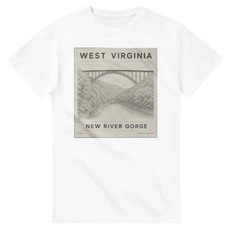 Fine-line engraving-style drawing for West Virginia, with a landmark caption and small coordinate text.