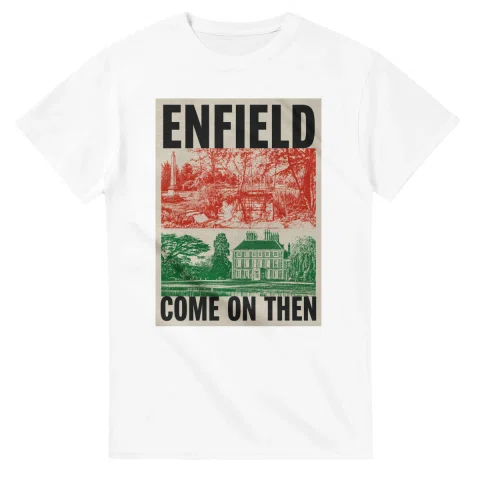 Two-colour scenic illustration for London Borough of Enfield, with the place name and COME ON THEN lettering.