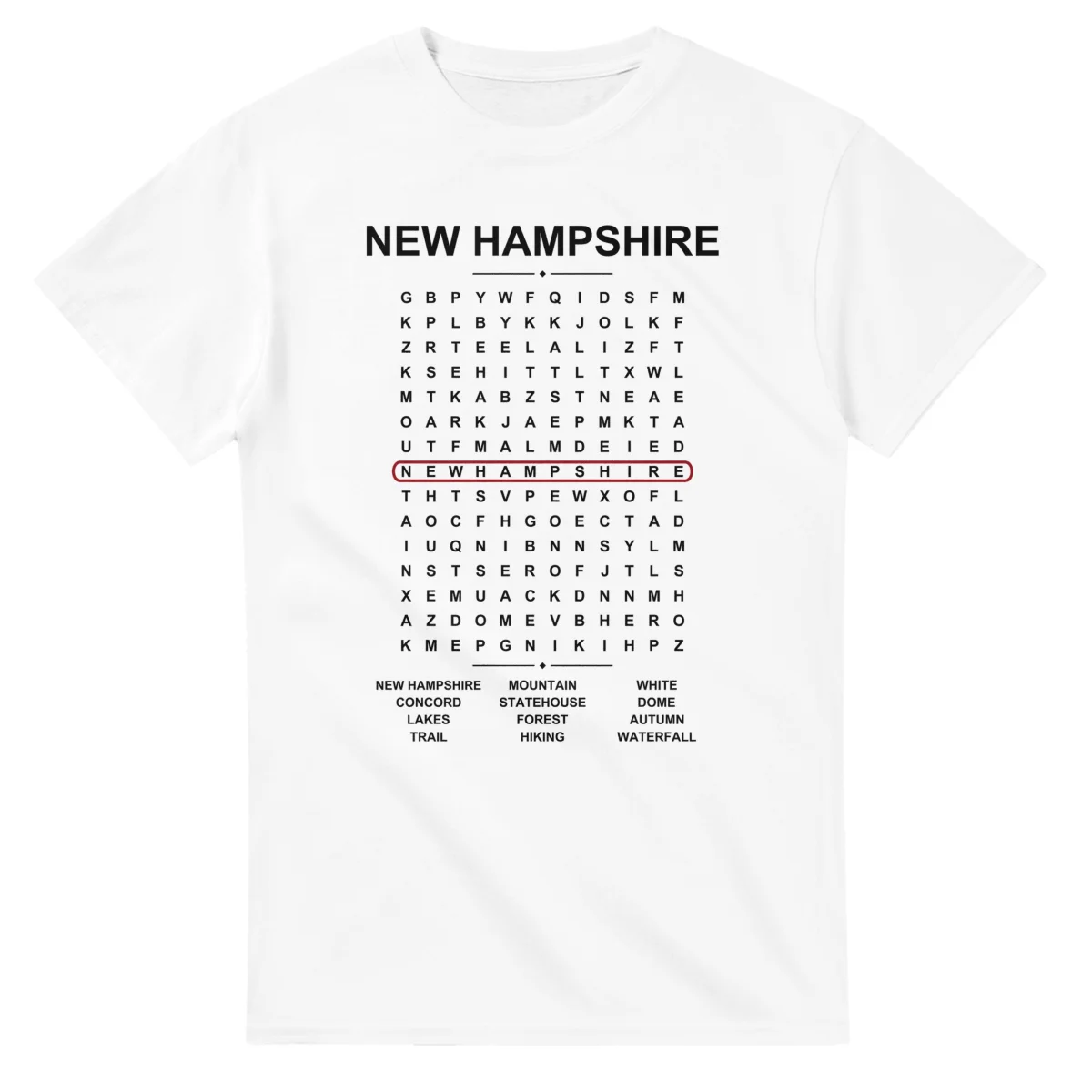 Word-search sheet for New Hampshire, with a large place-name heading, a letter grid, a local answer list, and a red highlighted example word.