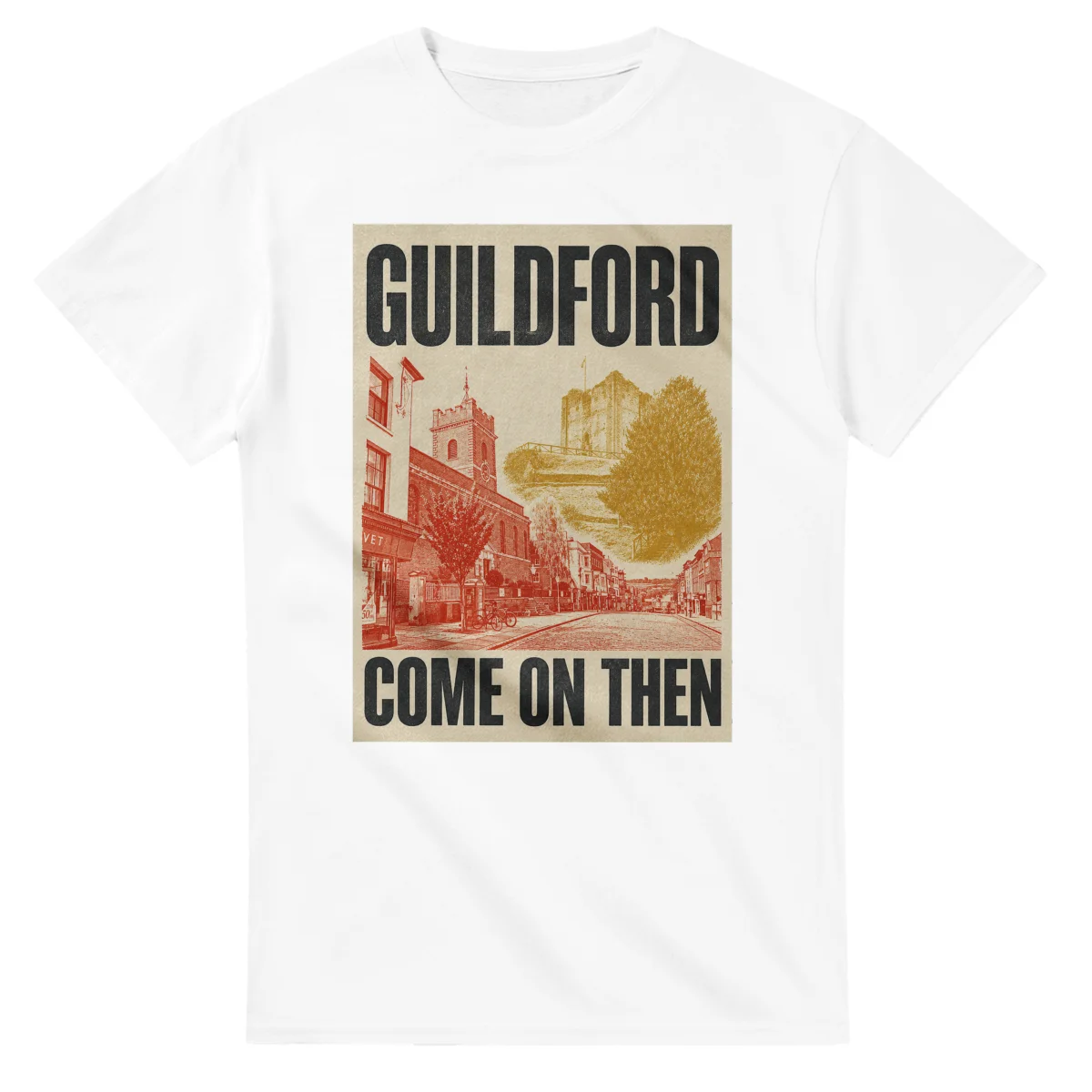 Two-colour scenic illustration for Guildford, with the place name and COME ON THEN lettering.