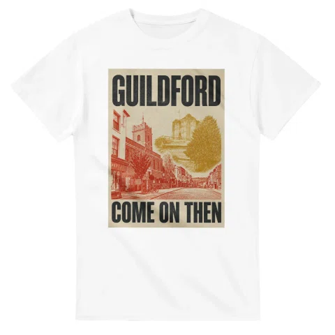 Two-colour scenic illustration for Guildford, with the place name and COME ON THEN lettering.